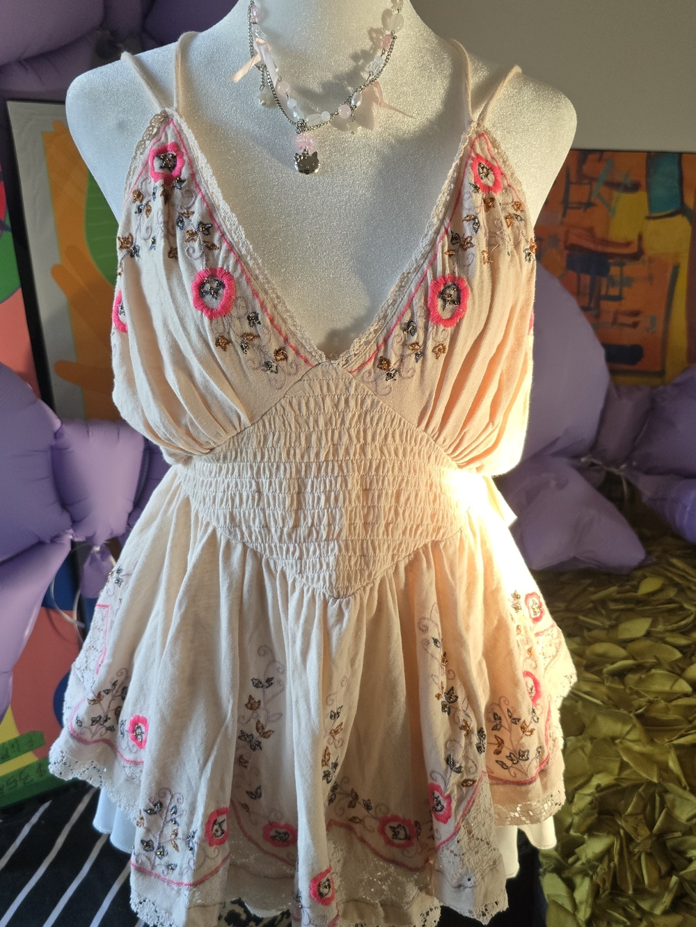 Free People Cream Lace-Trim Tank with Brass Tag